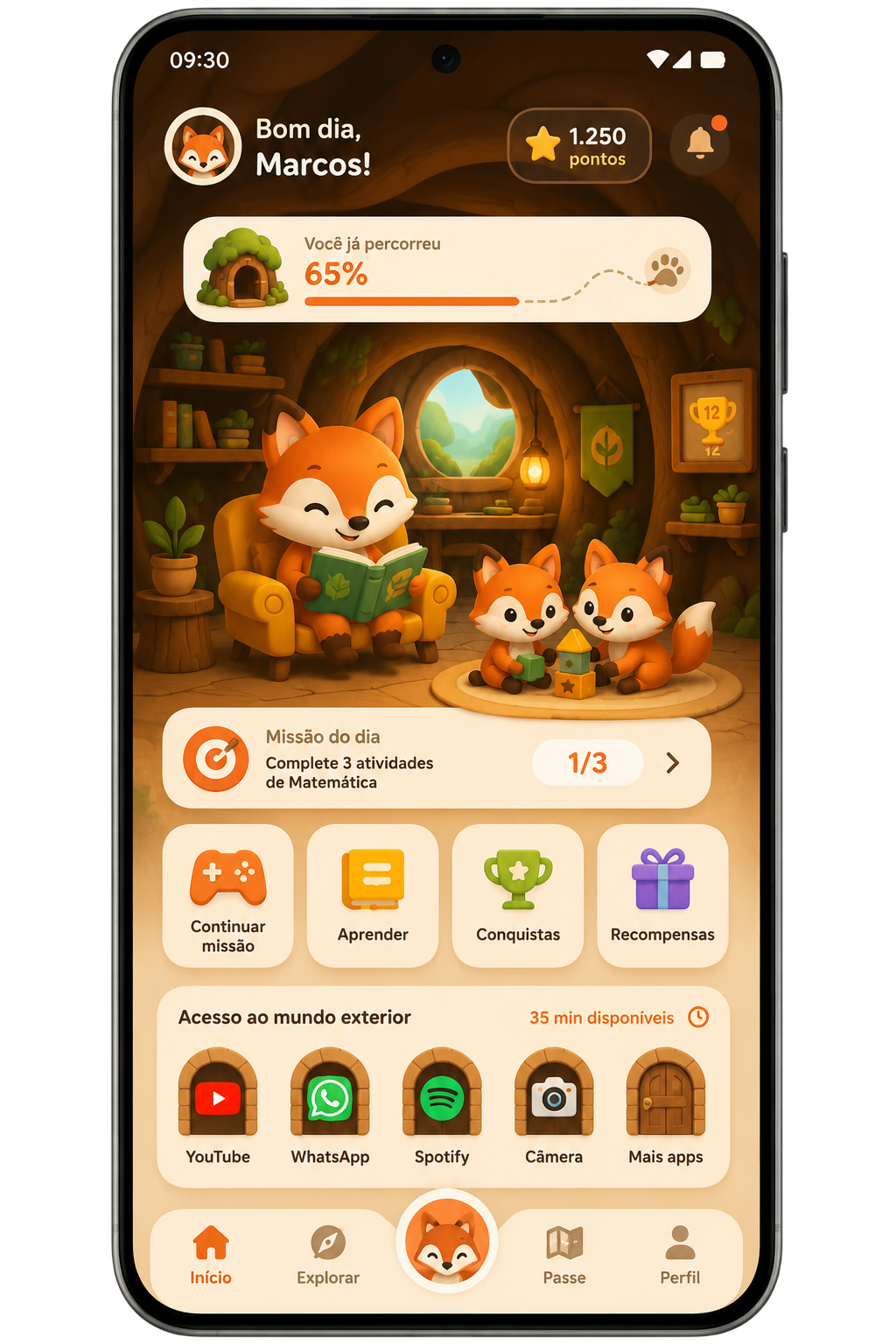 Tela inicial do app Toca mostrando missão do dia, pontos, recompensas e acesso controlado a outros apps